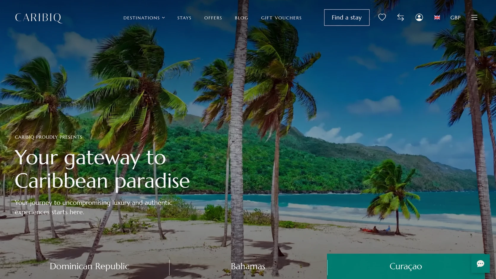 Homepage of Caribiq with the presentation of Caribbean destinations and accommodations