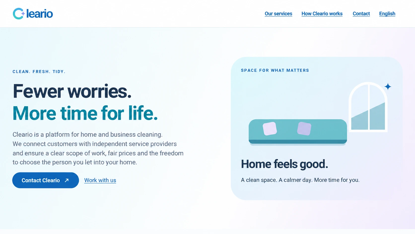 Homepage of Cleario with the presentation of cleaning services