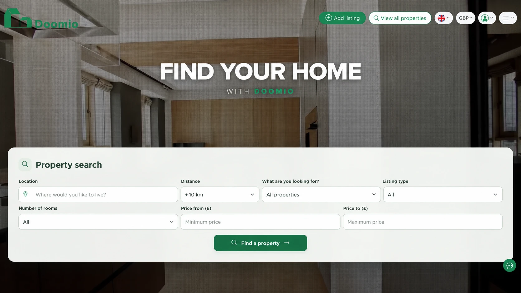 Homepage of the real estate portal Doomio with property search